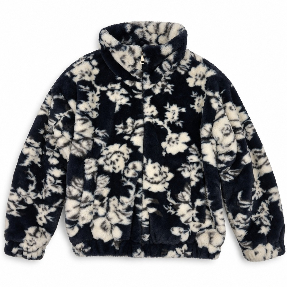 Tribal Women's Medium Faux Fur Floral Bomber Jacket Navy White Plush
